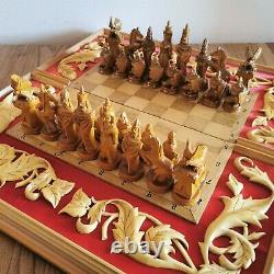 Fastship Soviet folk art 80s hand carved chess set Wooden russia vintage antique