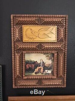 Folk Art Antique American Carved WOOD TRAMP ART PICTURE FRAME Layered Wooden
