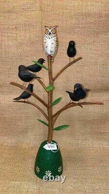 Folk Art Bird Owl Tree with Crows Carved & Signed by Manfred Scheel Wooden Birds