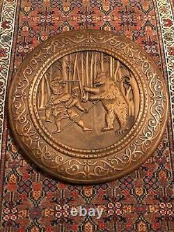 Folk Art Black Forest Wood Carving Hand Carved Hunt Scene Hunters Bear Plaque