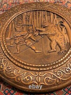 Folk Art Black Forest Wood Carving Hand Carved Hunt Scene Hunters Bear Plaque