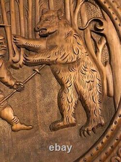 Folk Art Black Forest Wood Carving Hand Carved Hunt Scene Hunters Bear Plaque