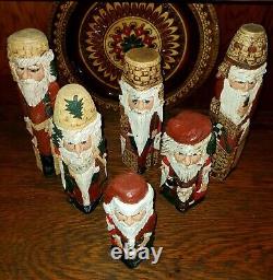 Folk Art CARVED SANTAS SET OF SIX BY ARTIST DONIS MITCHELL SIGNE DATED 90'S