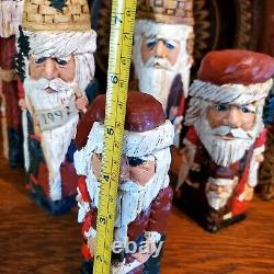 Folk Art CARVED SANTAS SET OF SIX BY ARTIST DONIS MITCHELL SIGNE DATED 90'S