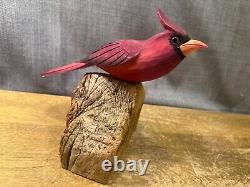 Folk Art Carved Cardinal Bird Wood Carving Sculpture Decoy Hand Painted
