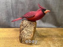 Folk Art Carved Cardinal Bird Wood Carving Sculpture Decoy Hand Painted