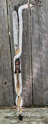 Folk Art Carved Highly Decorated? Wooden Tribal Snakes Face Walking Stick 35.75