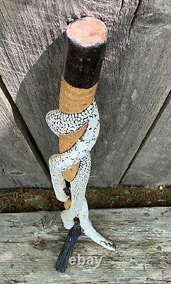 Folk Art Carved Highly Decorated? Wooden Tribal Snakes Face Walking Stick 35.75