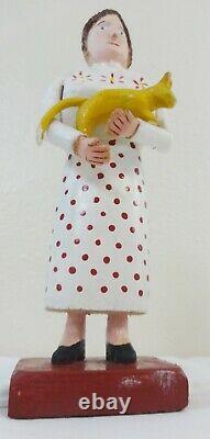 Folk Art Carved & Painted Wood Figure of a Woman Holding a Yellow Cat C. 1970's