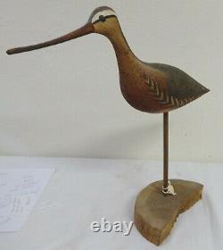 Folk Art Carved & Painted Wood Shore Bird Stamped WEK