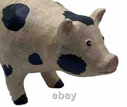 Folk Art Carved Pig Figurine Hand Carved Hand Painted Vintage VTG 6in