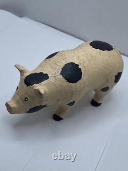 Folk Art Carved Pig Figurine Hand Carved Hand Painted Vintage VTG 6in