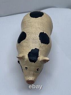 Folk Art Carved Pig Figurine Hand Carved Hand Painted Vintage VTG 6in