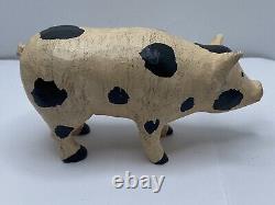 Folk Art Carved Pig Figurine Hand Carved Hand Painted Vintage VTG 6in