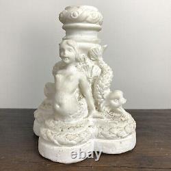 Folk Art Carved Stone Mermaid And Fish Fountain Candle Holder