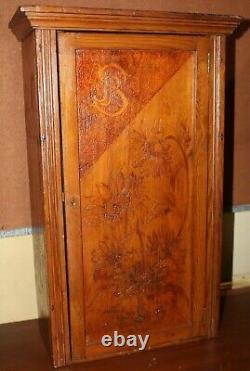 Folk Art Carved Wood Cabinet with Lock and Key 1902