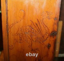 Folk Art Carved Wood Cabinet with Lock and Key 1902