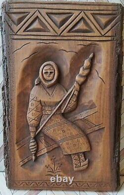 Folk Art Carved Wood European Woman Tradional Clothing 9x14 Vintage Primitive