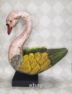 Folk Art Carved Wood Swan Bowl Planter on Pedestal Goose Bird 17.5x 14