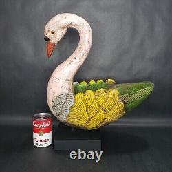 Folk Art Carved Wood Swan Bowl Planter on Pedestal Goose Bird 17.5x 14