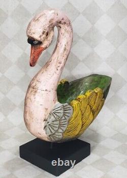 Folk Art Carved Wood Swan Bowl Planter on Pedestal Goose Bird 17.5x 14