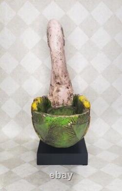 Folk Art Carved Wood Swan Bowl Planter on Pedestal Goose Bird 17.5x 14
