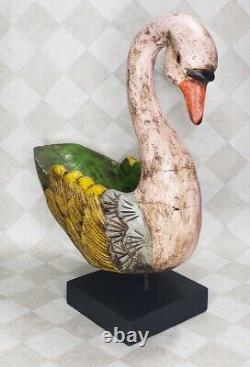 Folk Art Carved Wood Swan Bowl Planter on Pedestal Goose Bird 17.5x 14