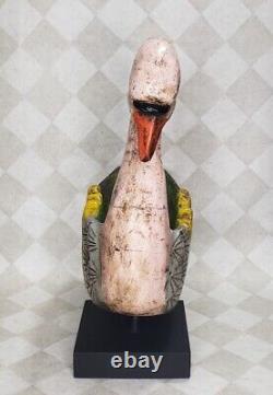 Folk Art Carved Wood Swan Bowl Planter on Pedestal Goose Bird 17.5x 14