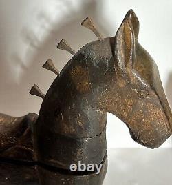Folk Art Carved Wooden Horse on Wheels Storage Compartment