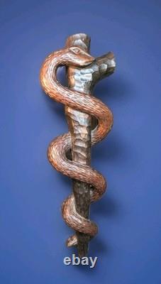 Folk Art Carving of the Rod of Asclepius Vintage Wall Hanging 19in