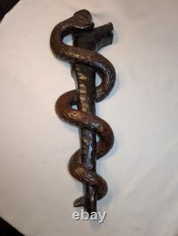 Folk Art Carving of the Rod of Asclepius Vintage Wall Hanging 19in