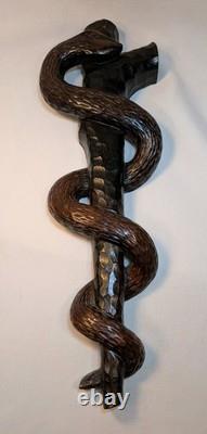 Folk Art Carving of the Rod of Asclepius Vintage Wall Hanging 19in