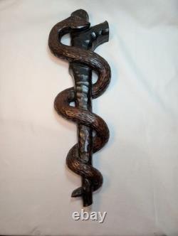 Folk Art Carving of the Rod of Asclepius Vintage Wall Hanging 19in