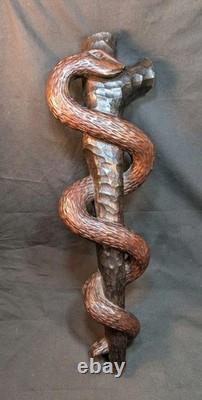 Folk Art Carving of the Rod of Asclepius Vintage Wall Hanging 19in