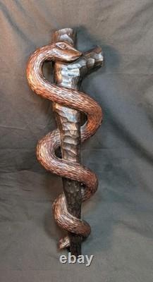 Folk Art Carving of the Rod of Asclepius Vintage Wall Hanging 19in