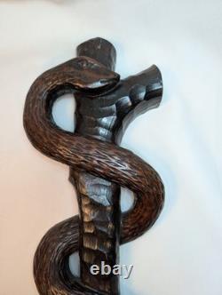 Folk Art Carving of the Rod of Asclepius Vintage Wall Hanging 19in