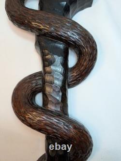 Folk Art Carving of the Rod of Asclepius Vintage Wall Hanging 19in