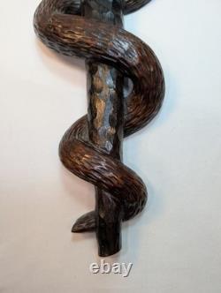 Folk Art Carving of the Rod of Asclepius Vintage Wall Hanging 19in