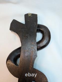 Folk Art Carving of the Rod of Asclepius Vintage Wall Hanging 19in