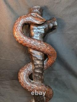 Folk Art Carving of the Rod of Asclepius Vintage Wall Hanging 19in