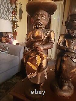 Folk Art HAND CARVED WOOD TIKI TAHITIAN Men 22 Tall SOLID Wood Rare