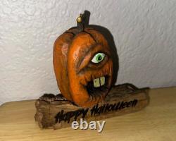 Folk Art HAND CARVED Wood SCaRy PuMpKiN Hand Signed by Artist Halloween RARE