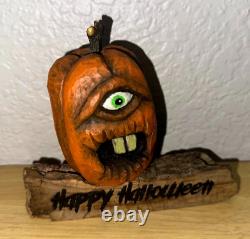 Folk Art HAND CARVED Wood SCaRy PuMpKiN Hand Signed by Artist Halloween RARE