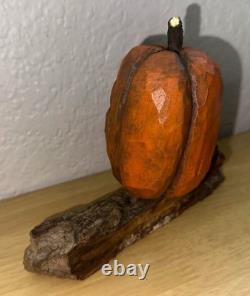 Folk Art HAND CARVED Wood SCaRy PuMpKiN Hand Signed by Artist Halloween RARE