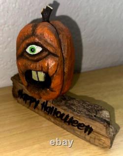 Folk Art HAND CARVED Wood SCaRy PuMpKiN Hand Signed by Artist Halloween RARE