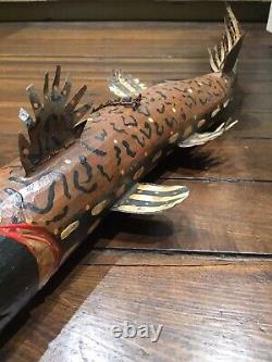 Folk Art Hand CarvedPainted Wooden FishTin FinsTailTeethLeather Whisker30