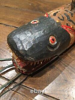 Folk Art Hand CarvedPainted Wooden FishTin FinsTailTeethLeather Whisker30