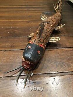 Folk Art Hand CarvedPainted Wooden FishTin FinsTailTeethLeather Whisker30