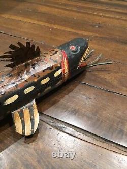 Folk Art Hand CarvedPainted Wooden FishTin FinsTailTeethLeather Whisker30