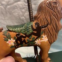 Folk Art Hand Carved Carousel Lion On Wood Base